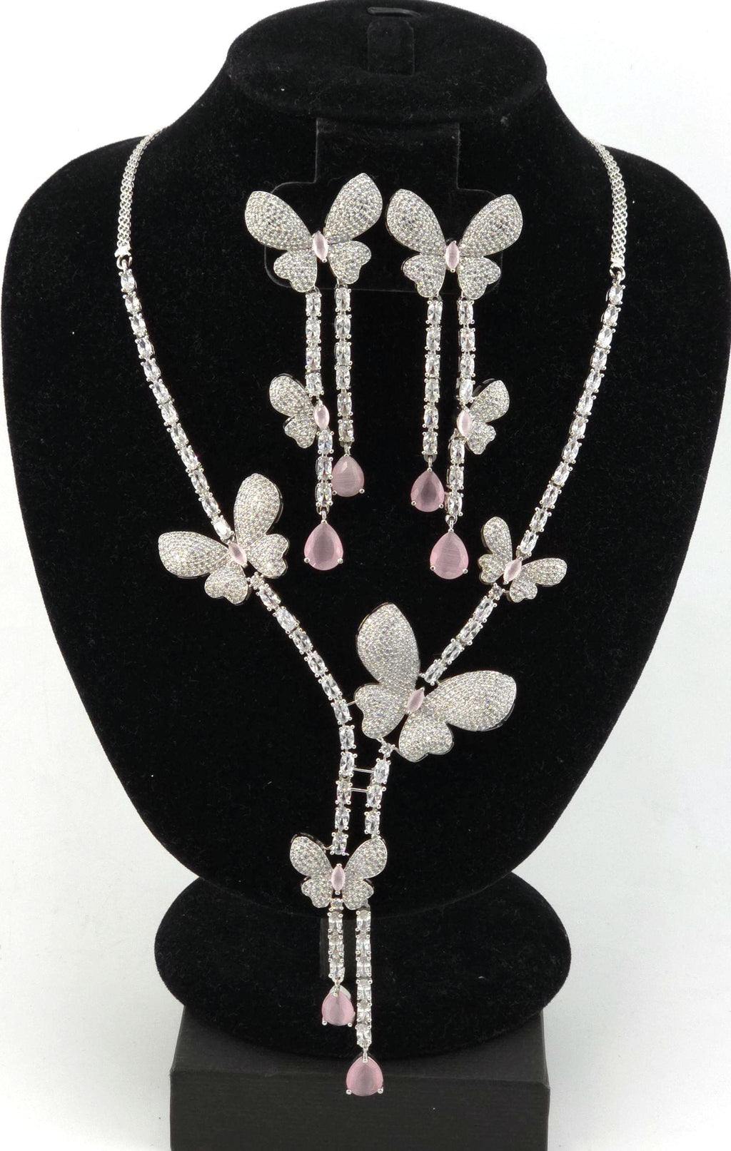 Pink Butterfly CZ Y-Necklace Set Drop Statement Jewelry Pari