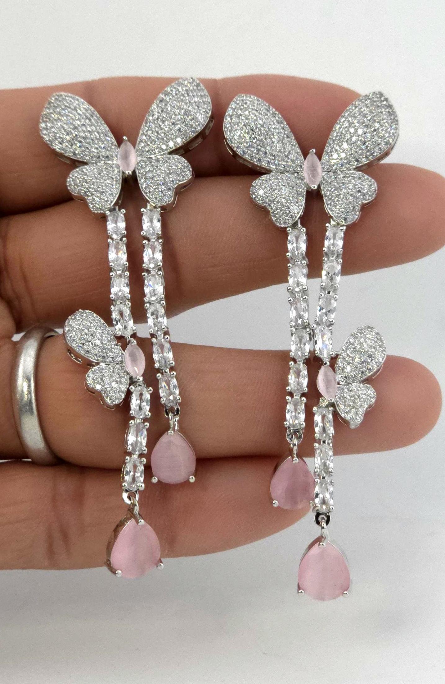 Pink Butterfly CZ Y-Necklace Set Drop Statement Jewelry Pari