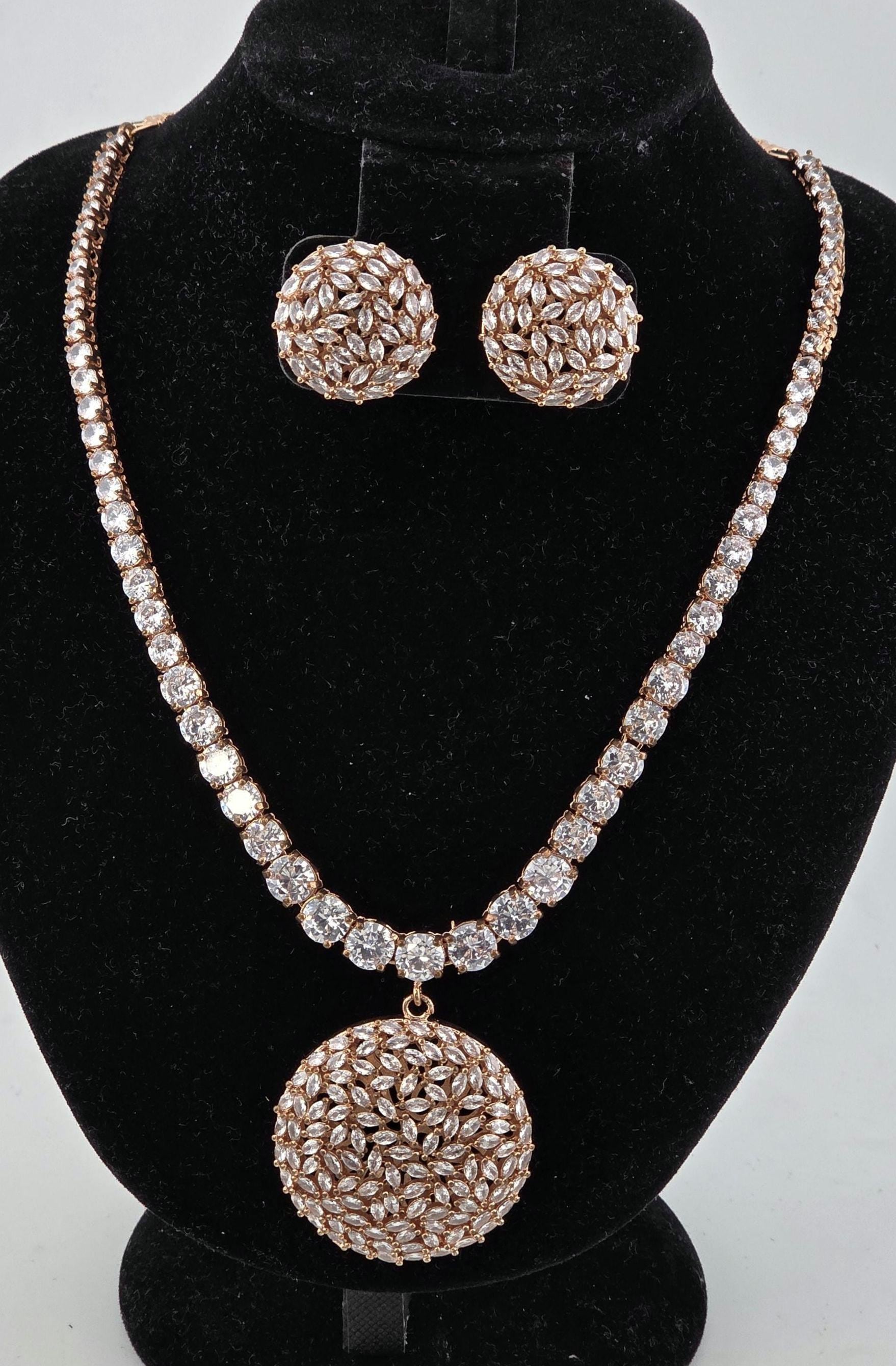 CZ Tennis Necklace Set with Statement Earrings, Silver or Rose Gold Jewelry Set, Modern Bridal Necklace, Wedding Reception Jewelry