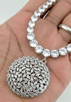 CZ Tennis Necklace Set with Statement Earrings, Silver or Rose Gold Jewelry Set, Modern Bridal Necklace, Wedding Reception Jewelry