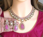 Moissanite Kundan Bridal Necklace Set, Indian Wedding Jewelry, Statement Lehenga Set, Pakistani Nikkah Reception Jewelry, Pink Red Bridal