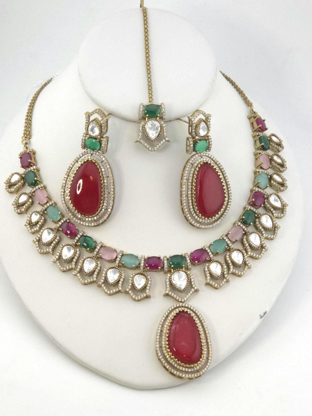 Moissanite Kundan Bridal Necklace Set, Indian Wedding Jewelry, Statement Lehenga Set, Pakistani Nikkah Reception Jewelry, Pink Red Bridal