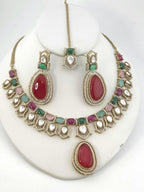 Moissanite Kundan Bridal Necklace Set, Indian Wedding Jewelry, Statement Lehenga Set, Pakistani Nikkah Reception Jewelry, Pink Red Bridal