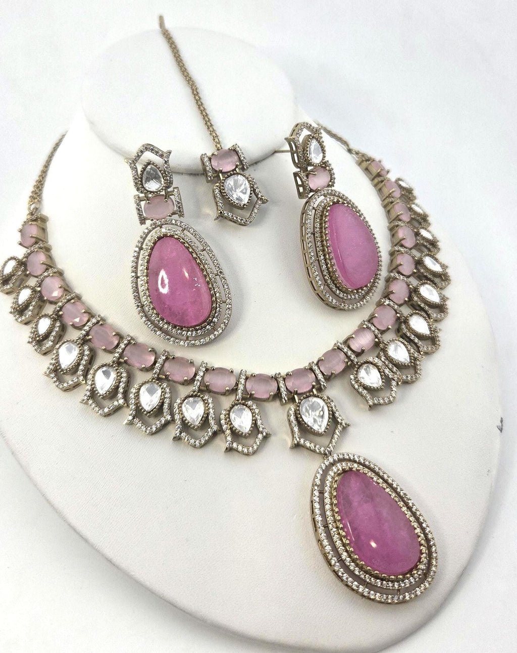 Moissanite Kundan Bridal Necklace Set, Indian Wedding Jewelry, Statement Lehenga Set, Pakistani Nikkah Reception Jewelry, Pink Red Bridal