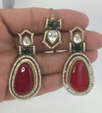 Moissanite Kundan Bridal Necklace Set, Indian Wedding Jewelry, Statement Lehenga Set, Pakistani Nikkah Reception Jewelry, Pink Red Bridal