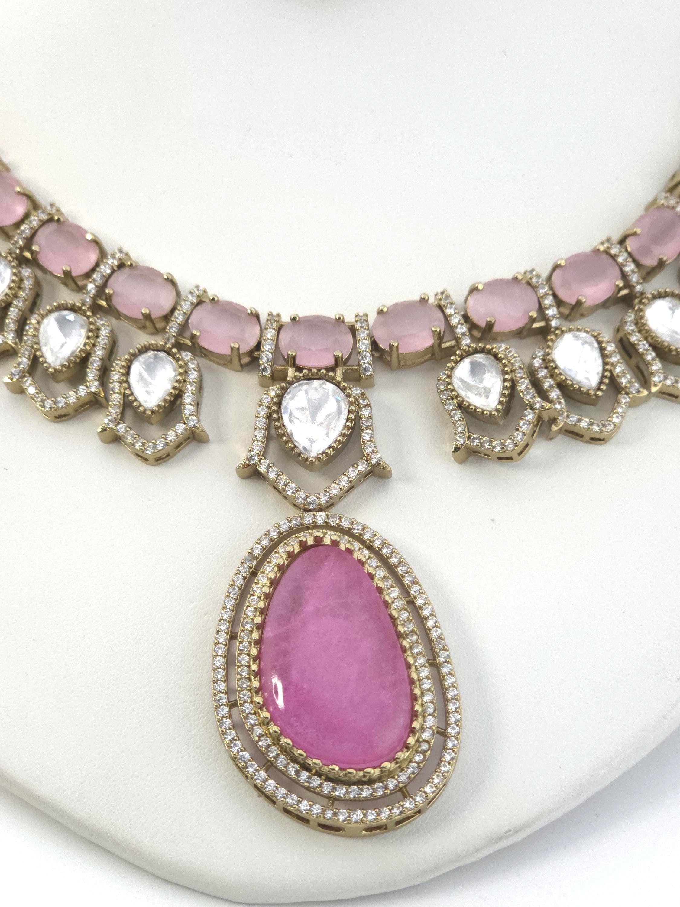 Moissanite Kundan Bridal Necklace Set, Indian Wedding Jewelry, Statement Lehenga Set, Pakistani Nikkah Reception Jewelry, Pink Red Bridal