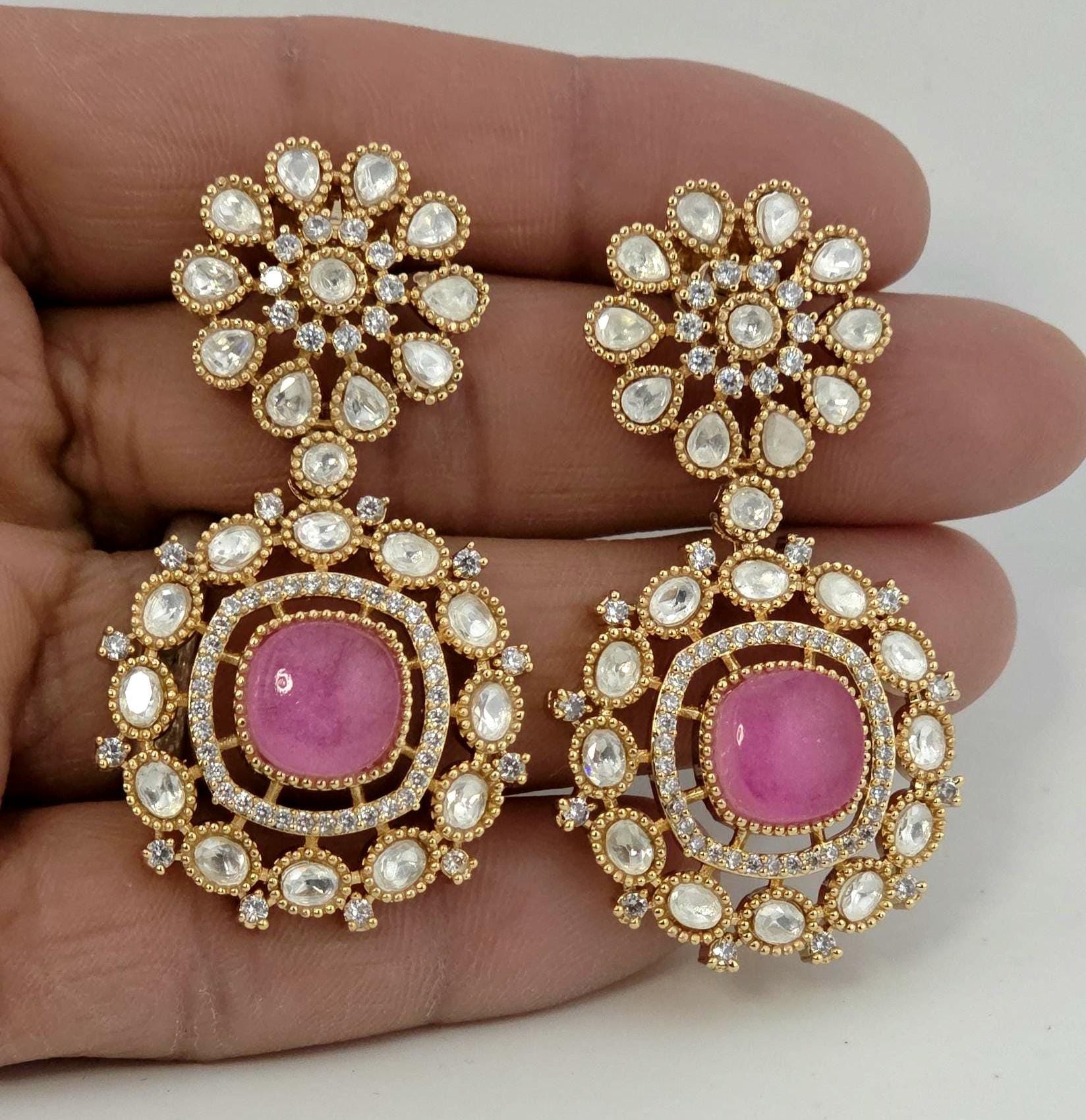Pink Moissanite Kundan Bridal Choker Set, Indian Wedding Jewelry, Statement Lehenga Necklace, Pakistani Nikkah Reception Jewelry