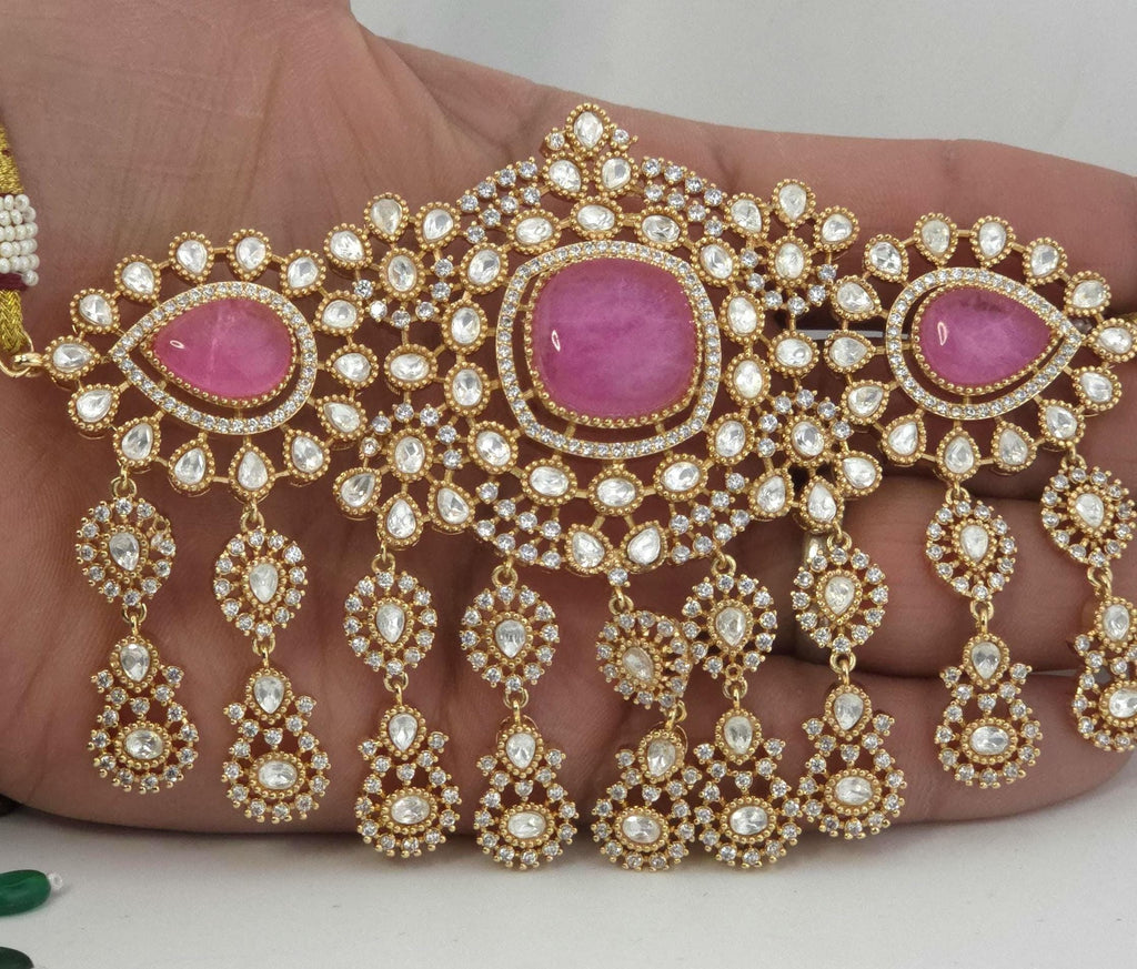 Pink Moissanite Kundan Bridal Choker Set, Indian Wedding Jewelry, Statement Lehenga Necklace, Pakistani Nikkah Reception Jewelry