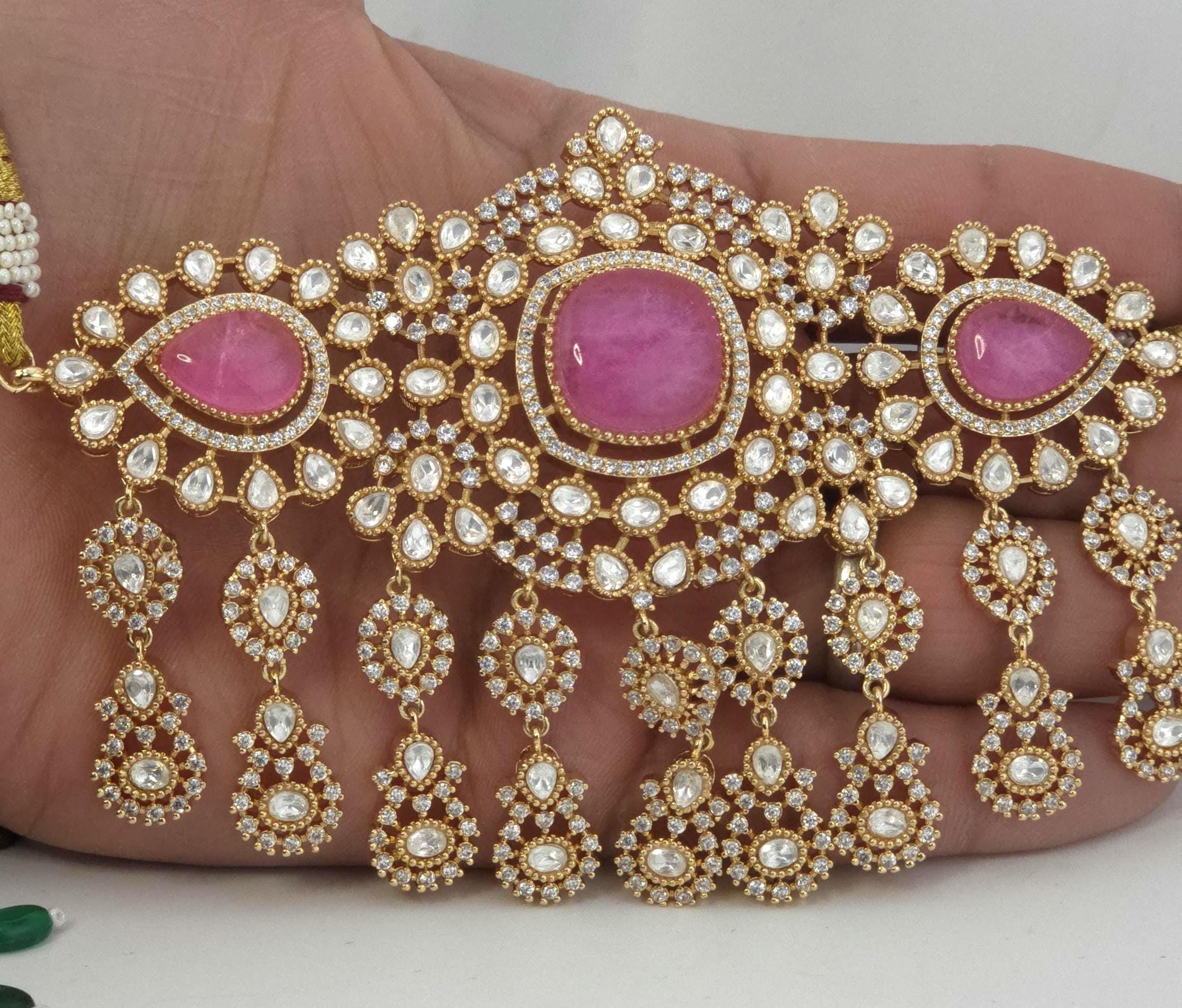 Pink Moissanite Kundan Bridal Choker Set, Indian Wedding Jewelry, Statement Lehenga Necklace, Pakistani Nikkah Reception Jewelry
