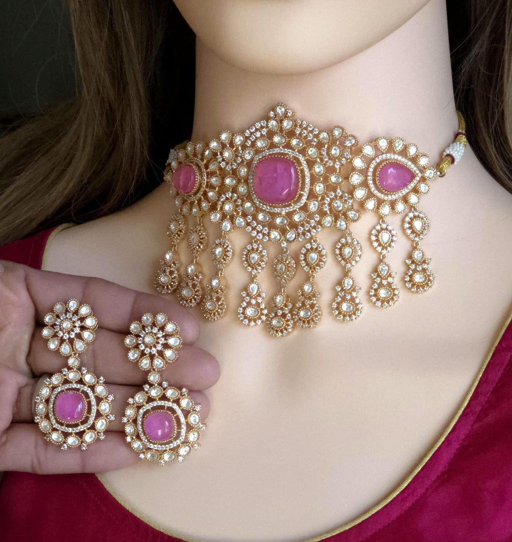 Pink Moissanite Kundan Bridal Choker Set, Indian Wedding Jewelry, Statement Lehenga Necklace, Pakistani Nikkah Reception Jewelry