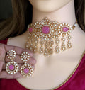 Pink Moissanite Kundan Bridal Choker Set, Indian Wedding Jewelry, Statement Lehenga Necklace, Pakistani Nikkah Reception Jewelry