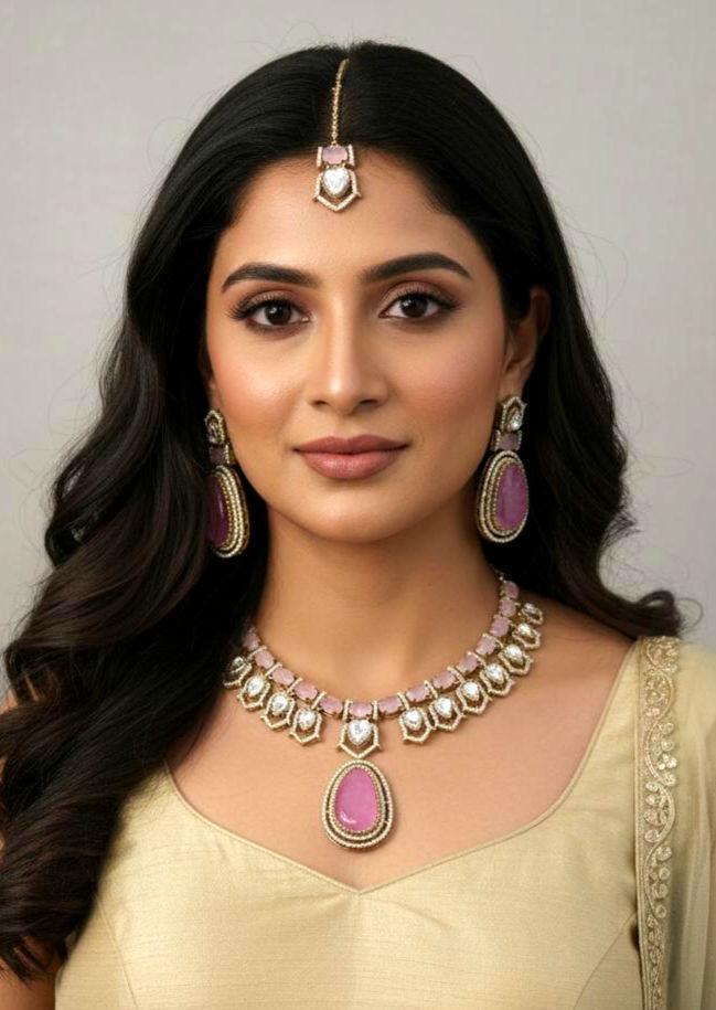 Moissanite Kundan Bridal Necklace Set, Indian Wedding Jewelry, Statement Lehenga Set, Pakistani Nikkah Reception Jewelry, Pink Red Bridal