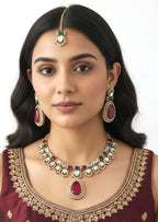 Moissanite Kundan Bridal Necklace Set, Indian Wedding Jewelry, Statement Lehenga Set, Pakistani Nikkah Reception Jewelry, Pink Red Bridal