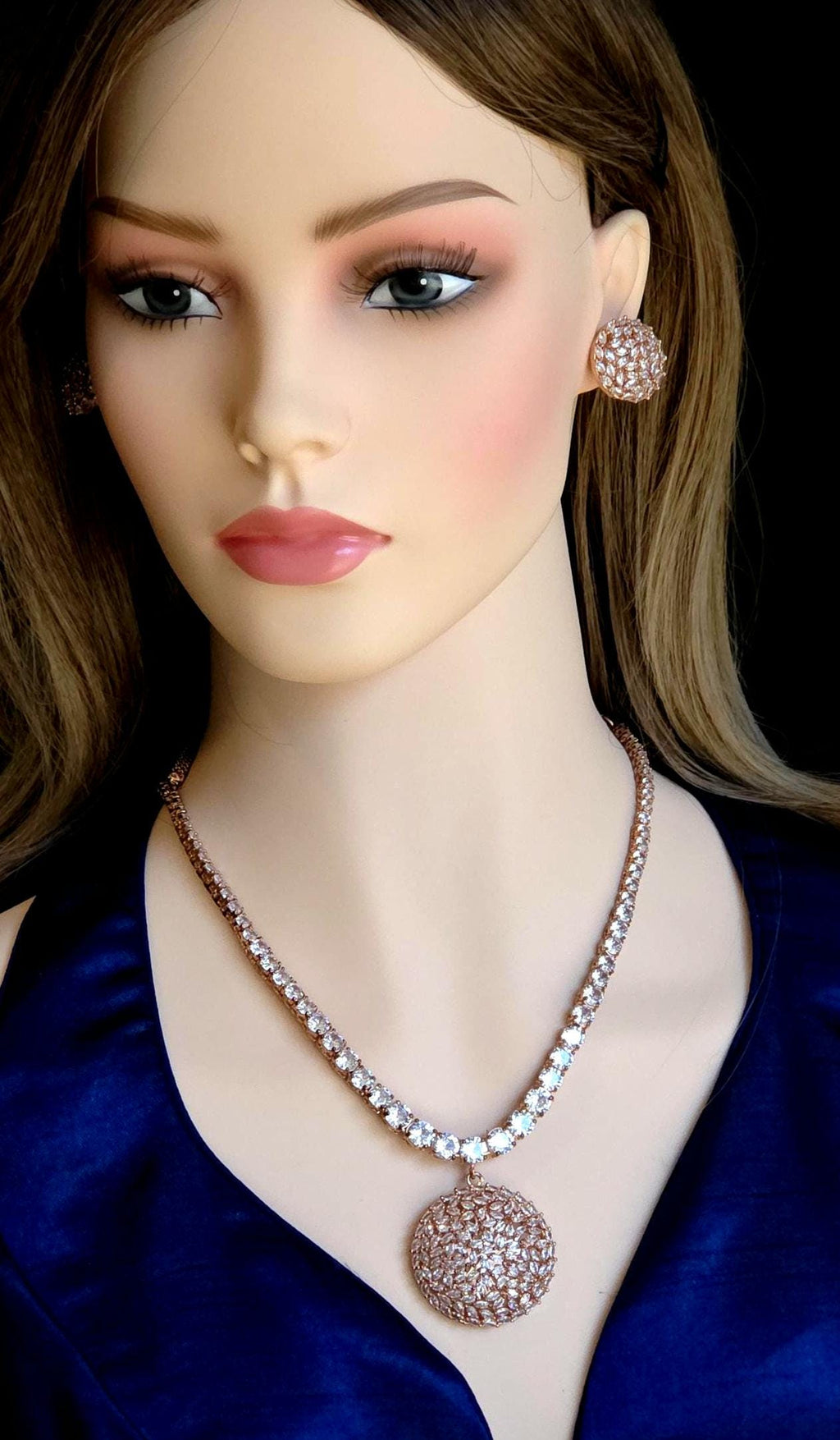CZ Tennis Necklace Set with Statement Earrings, Silver or Rose Gold Jewelry Set, Modern Bridal Necklace, Wedding Reception Jewelry