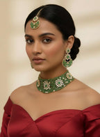 Green Floral Kundan Bridal Choker Set, Indian Wedding Jewelry, Pakistani Bridal Necklace, Maang Tikka Reception Set