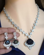 Floral Sapphire Blue CZ Necklace Set Silver Statement Jewelry Neelam