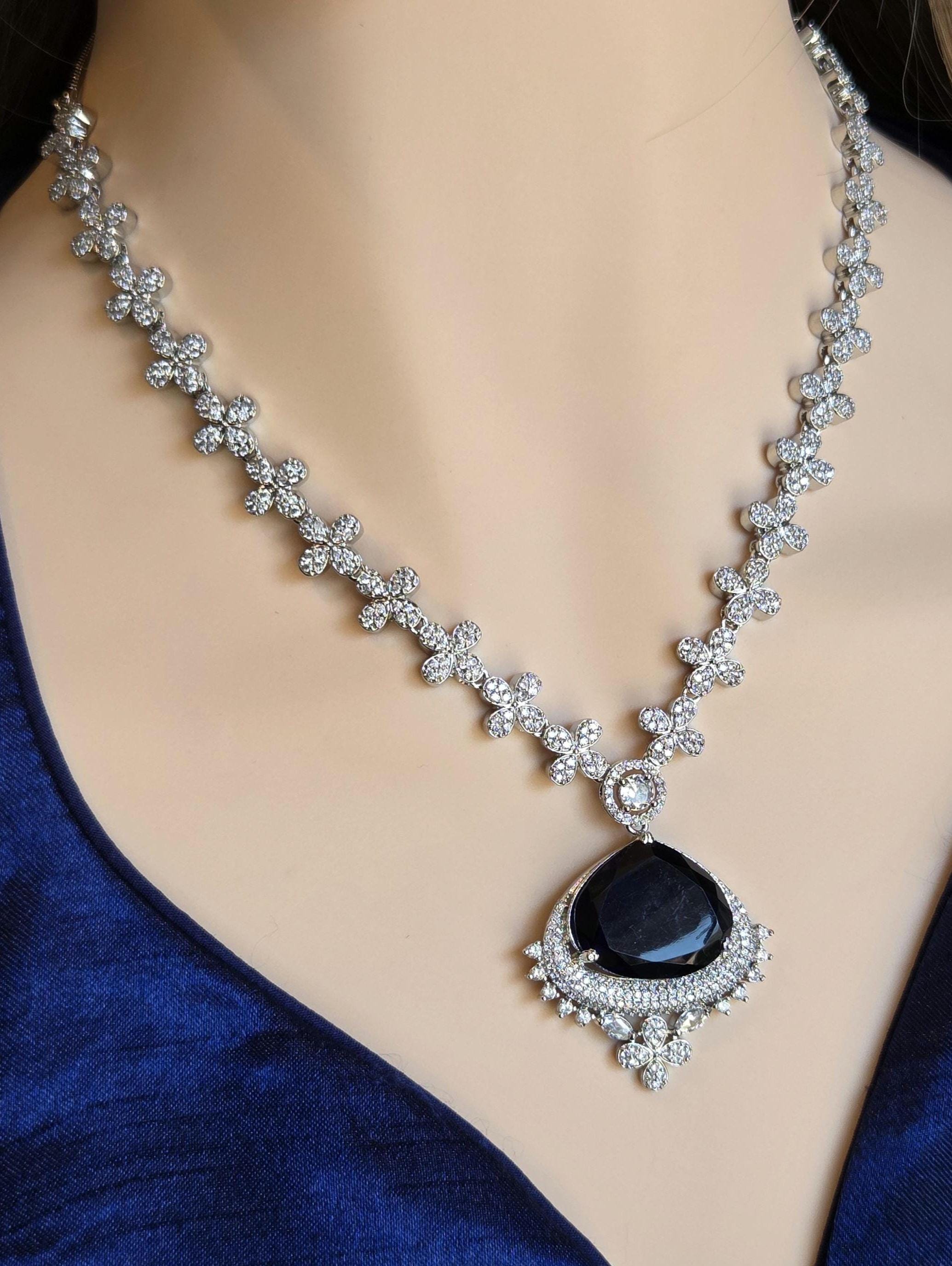 Floral Sapphire Blue CZ Necklace Set Silver Statement Jewelry Neelam
