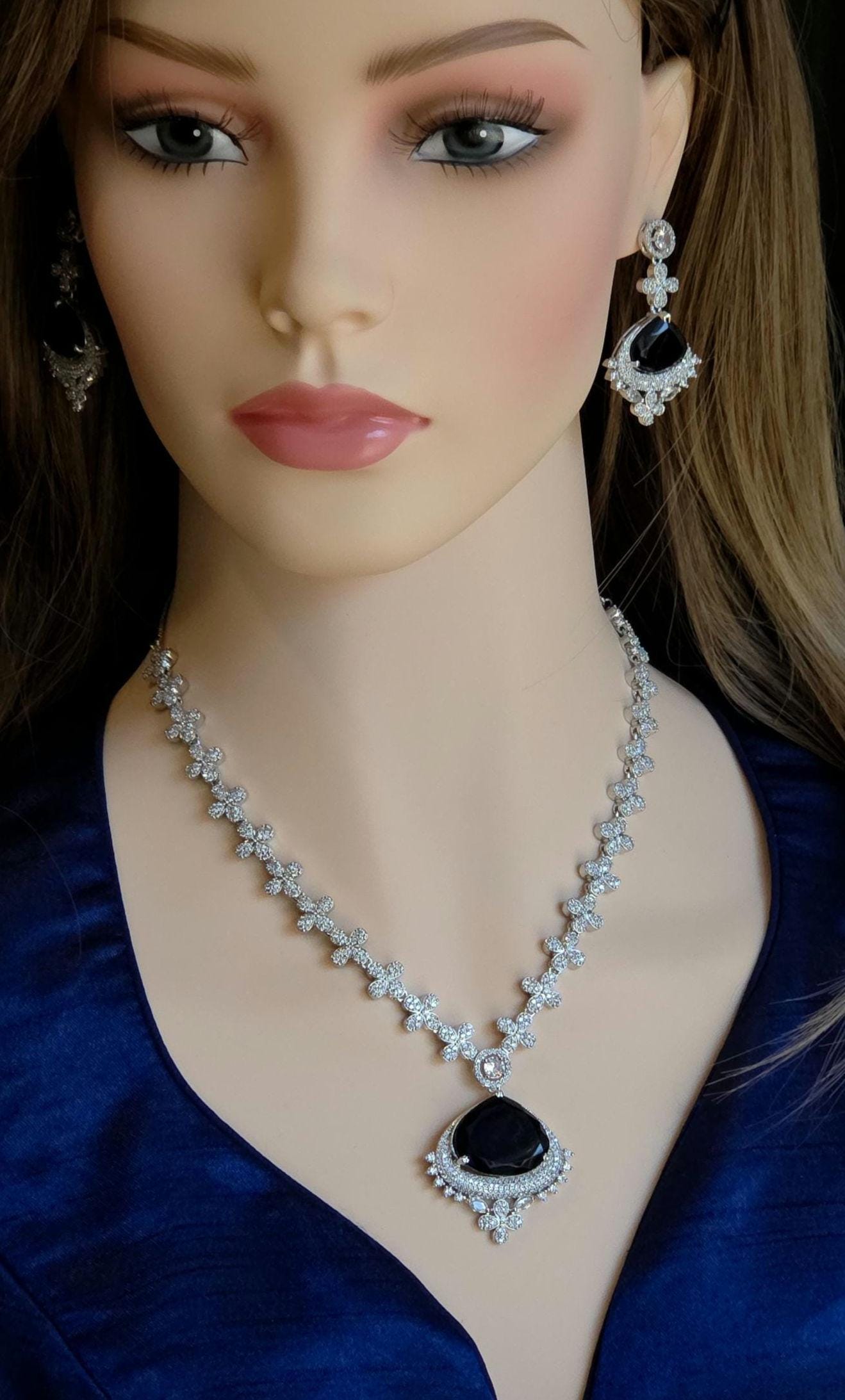 Floral Sapphire Blue CZ Necklace Set Silver Statement Jewelry Neelam