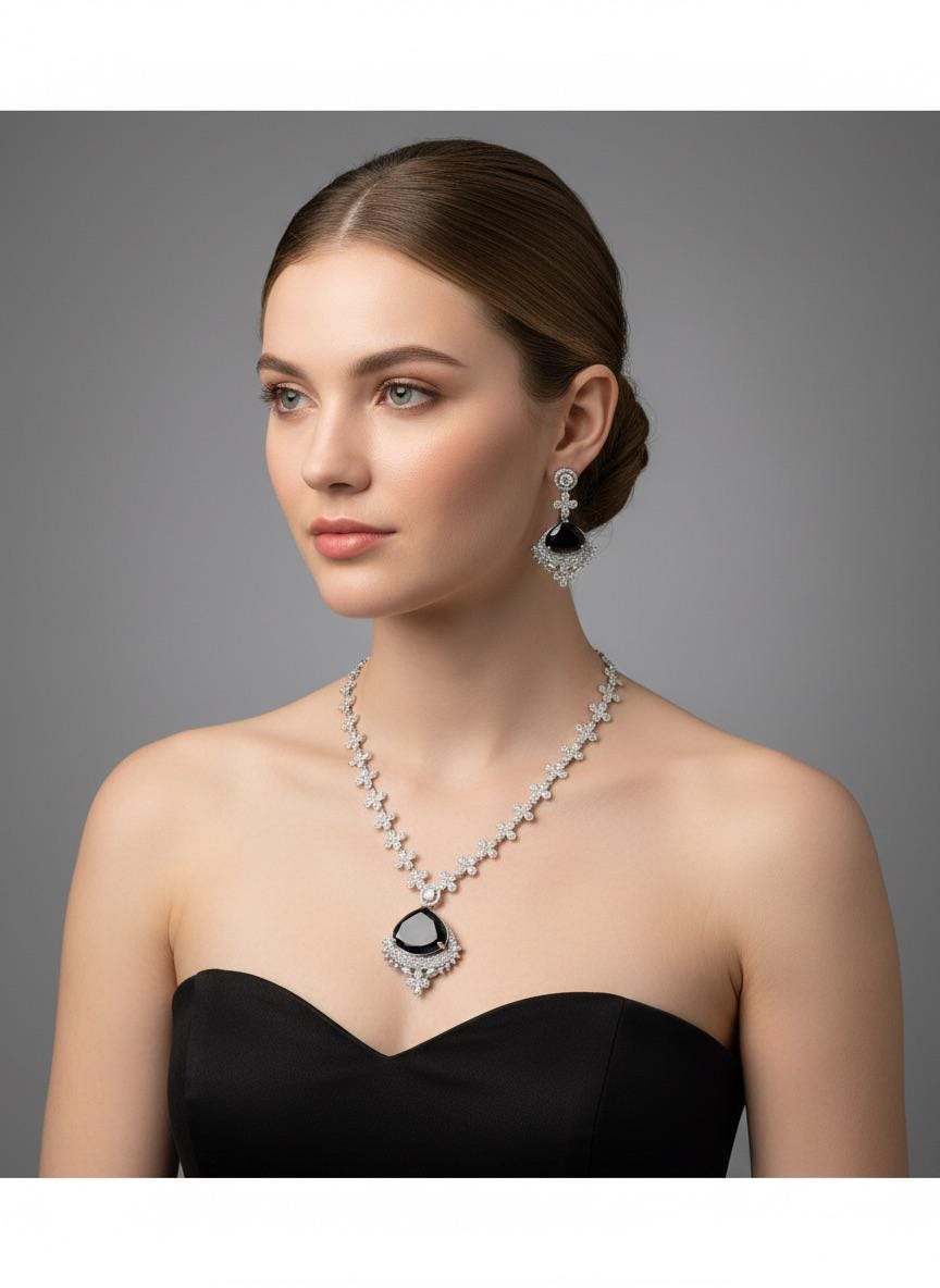 Floral Sapphire Blue CZ Necklace Set Silver Statement Jewelry Neelam