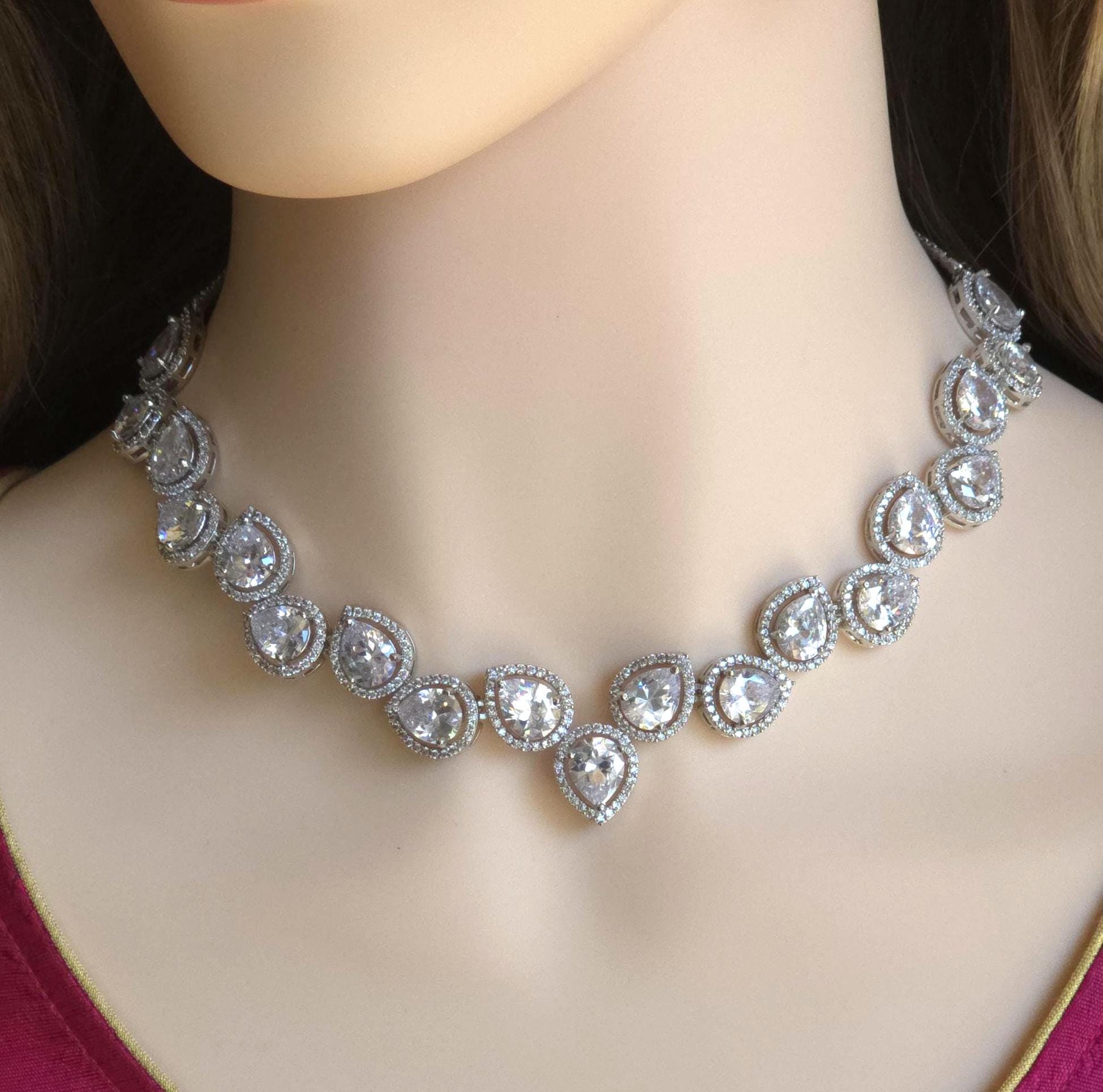 Pear Cut CZ Necklace Set Silver, Teardrop Bridal Jewelry, Elegant Wedding Guest Necklace, Prom Evening Jewelry Set