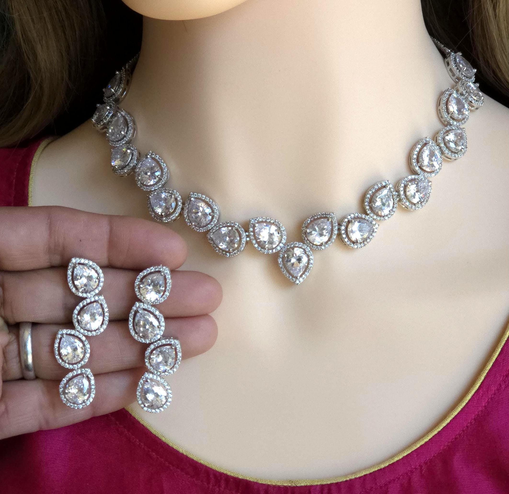 Pear Cut CZ Necklace Set Silver, Teardrop Bridal Jewelry, Elegant Wedding Guest Necklace, Prom Evening Jewelry Set