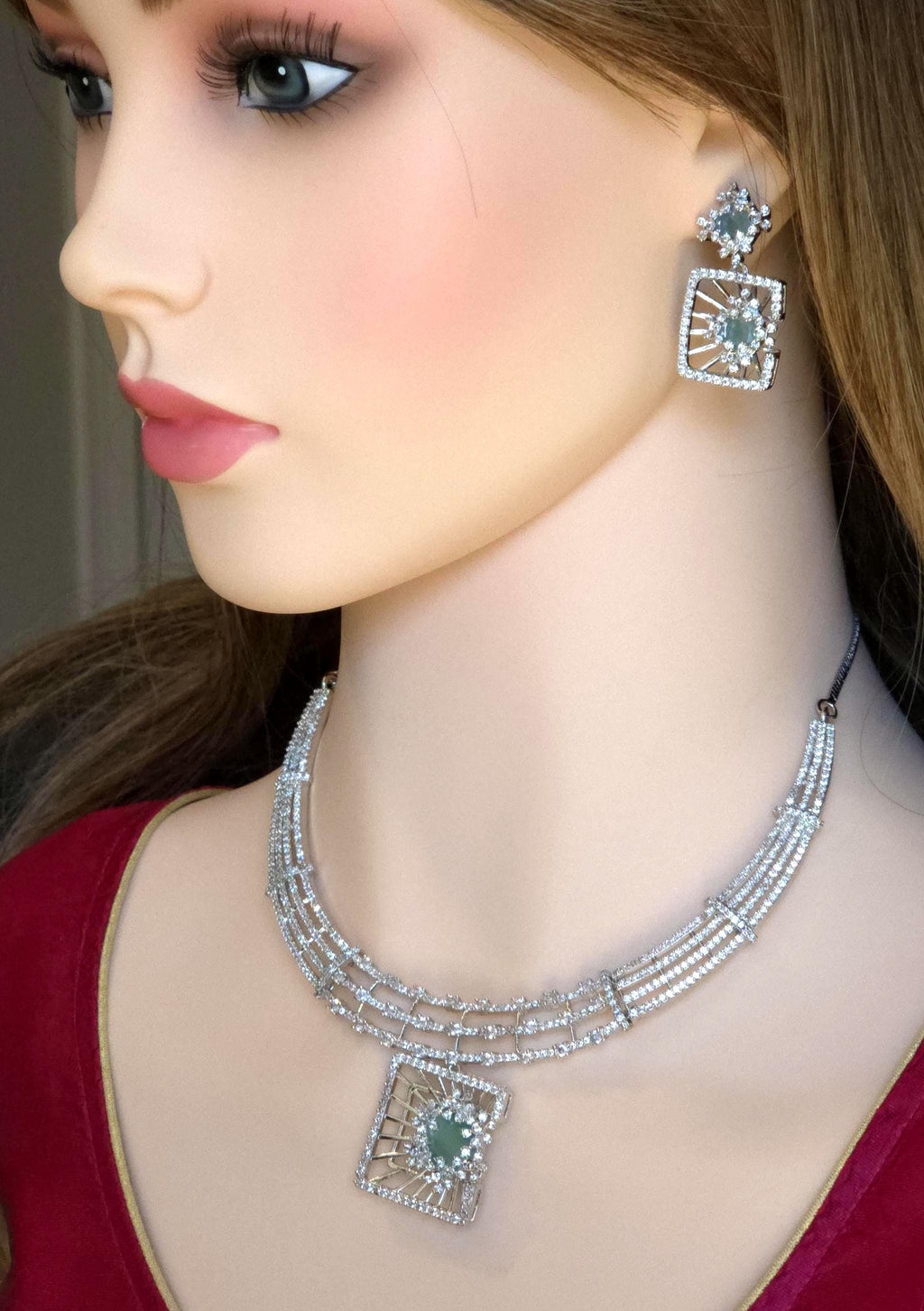 Mint Green CZ Geometric Necklace Set Modern Bridal Statement Jewelry Maya