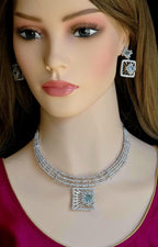 Mint Green CZ Geometric Necklace Set Modern Bridal Statement Jewelry Maya