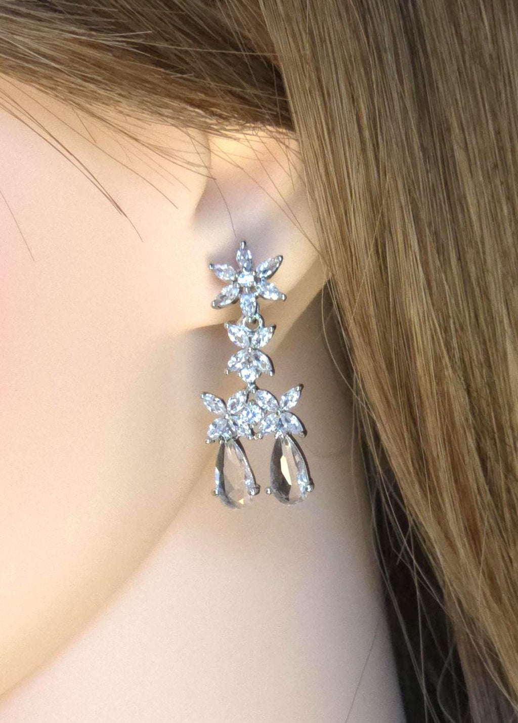 Silver CZ Bridal Necklace Set, Diamond Look Wedding Jewelry, Teardrop Statement Necklace Earrings Set, Bridal Reception Jewelry