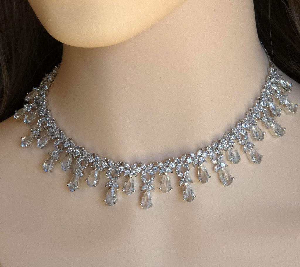 Silver CZ Bridal Necklace Set, Diamond Look Wedding Jewelry, Teardrop Statement Necklace Earrings Set, Bridal Reception Jewelry