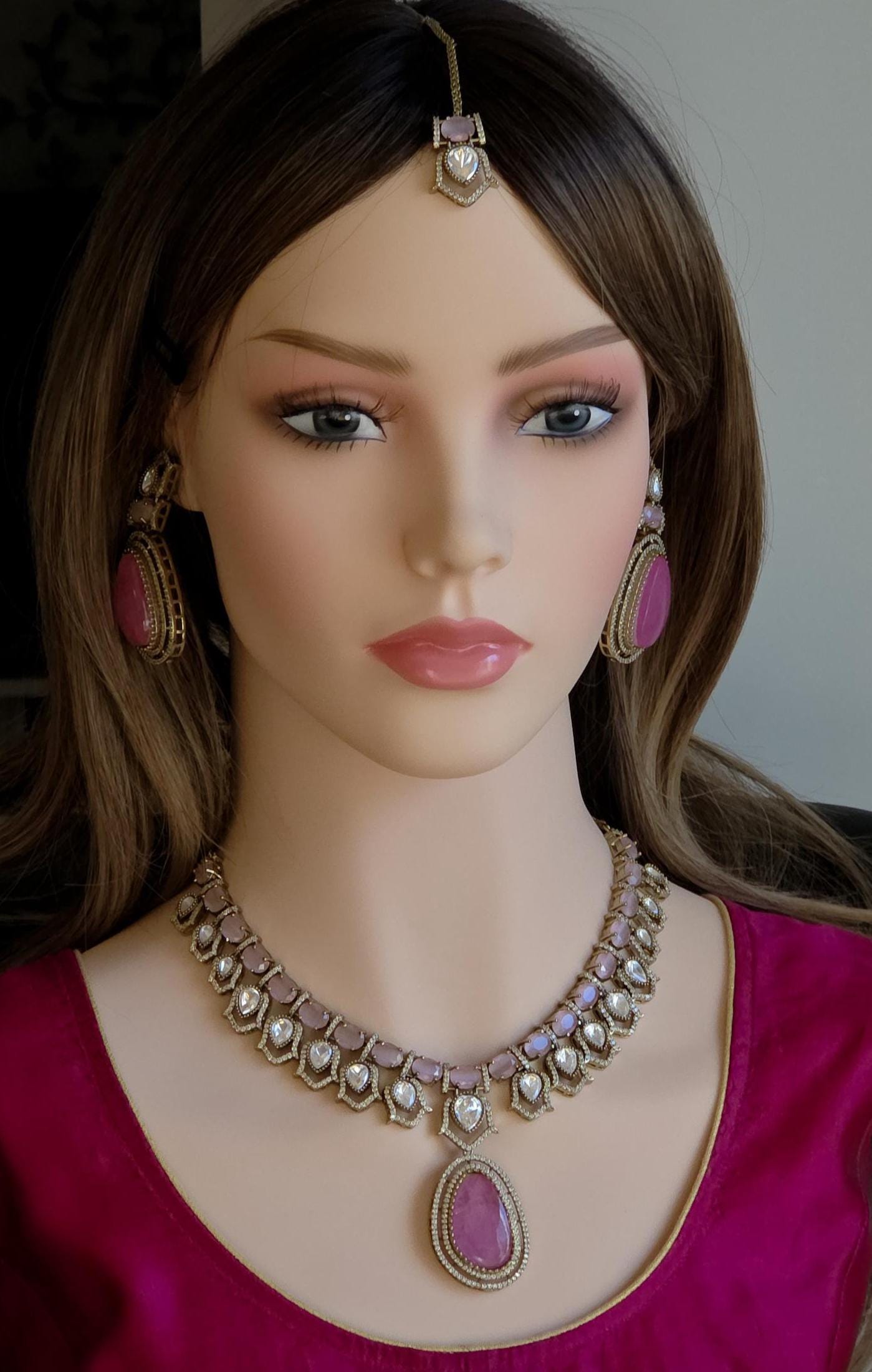 Moissanite Kundan Bridal Necklace Set, Indian Wedding Jewelry, Statement Lehenga Set, Pakistani Nikkah Reception Jewelry, Pink Red Bridal