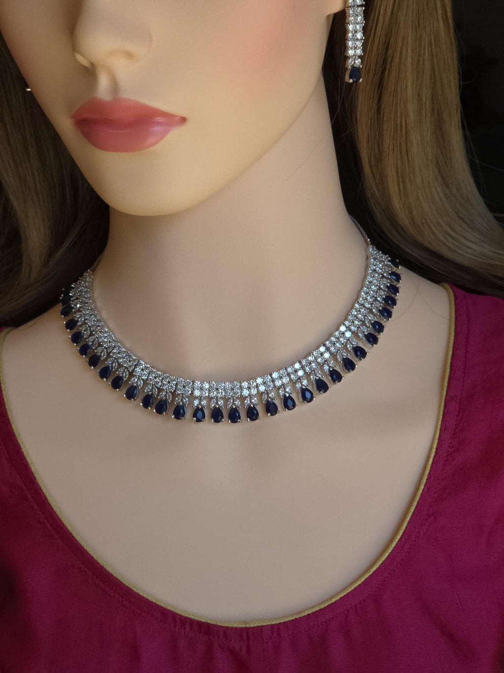 Blue Sapphire CZ Necklace Set, Diamond Look Bridal Jewelry, Silver Statement Necklace Earrings Set, Wedding Reception Jewelry, Evening Prom