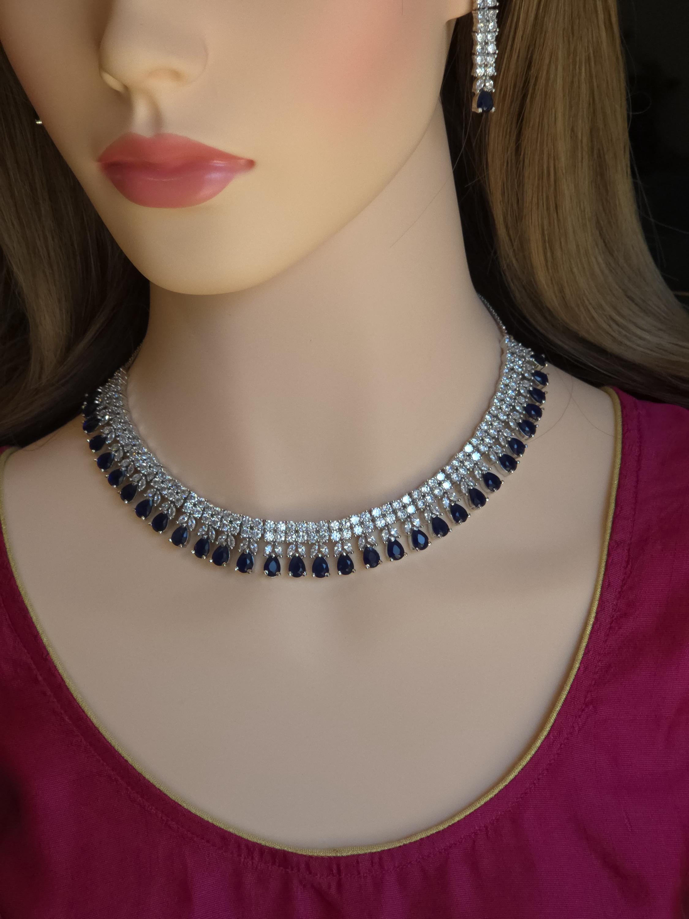 Blue Sapphire CZ Necklace Set, Diamond Look Bridal Jewelry, Silver Statement Necklace Earrings Set, Wedding Reception Jewelry, Evening Prom
