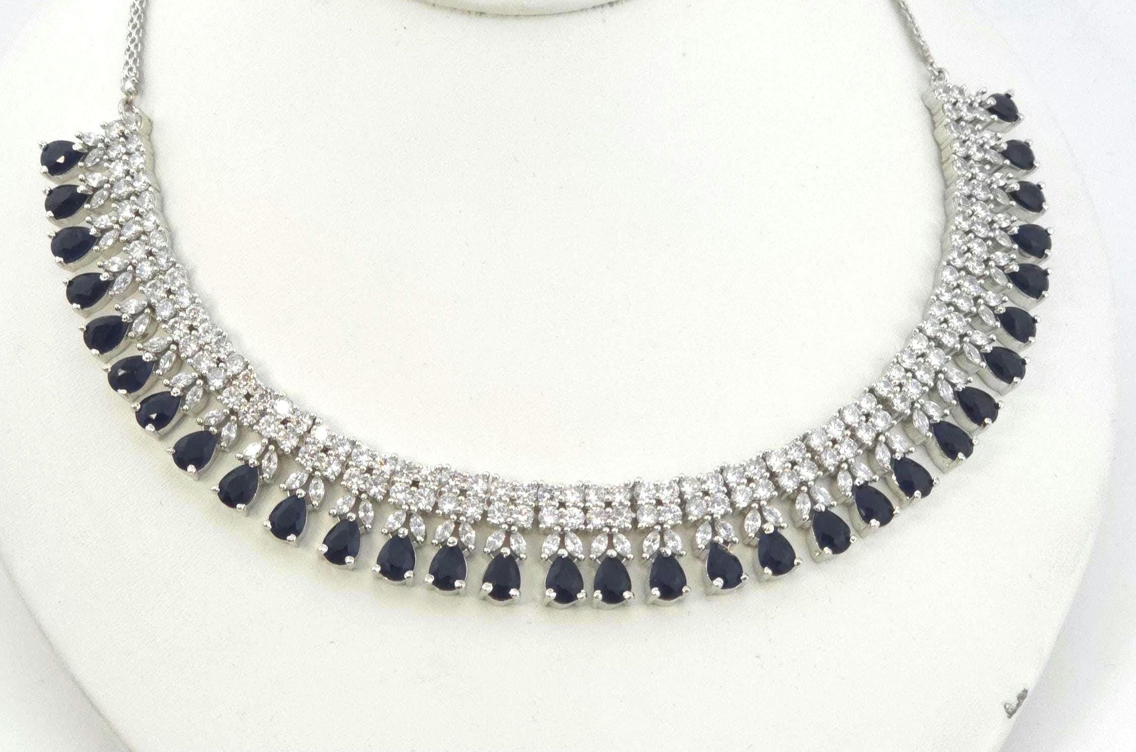 Blue Sapphire CZ Necklace Set, Diamond Look Bridal Jewelry, Silver Statement Necklace Earrings Set, Wedding Reception Jewelry, Evening Prom