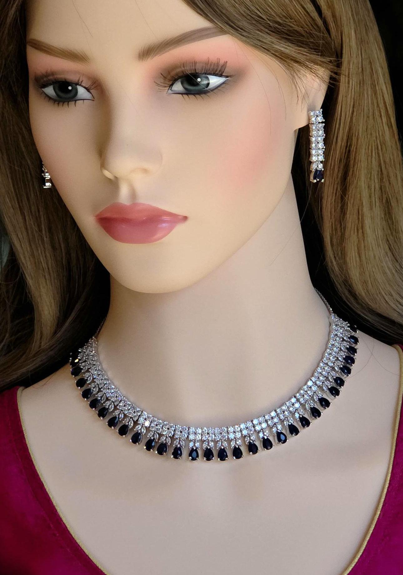 Blue Sapphire CZ Necklace Set, Diamond Look Bridal Jewelry, Silver Statement Necklace Earrings Set, Wedding Reception Jewelry, Evening Prom