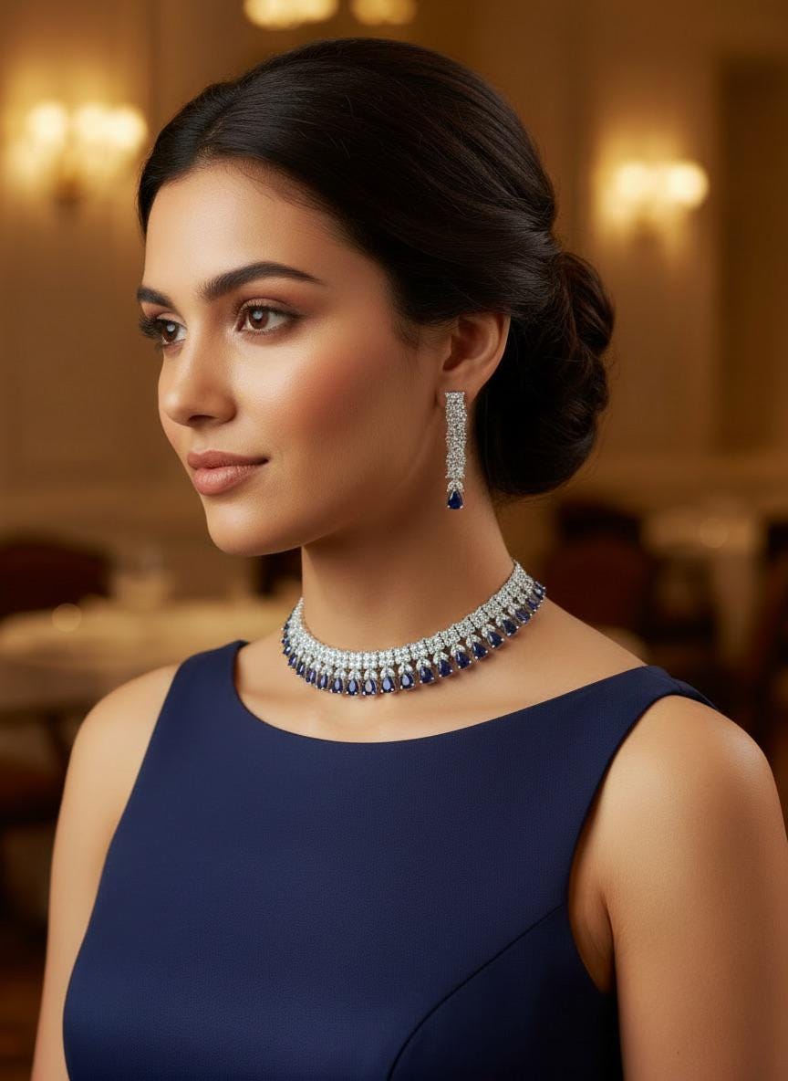 Blue Sapphire CZ Necklace Set, Diamond Look Bridal Jewelry, Silver Statement Necklace Earrings Set, Wedding Reception Jewelry, Evening Prom