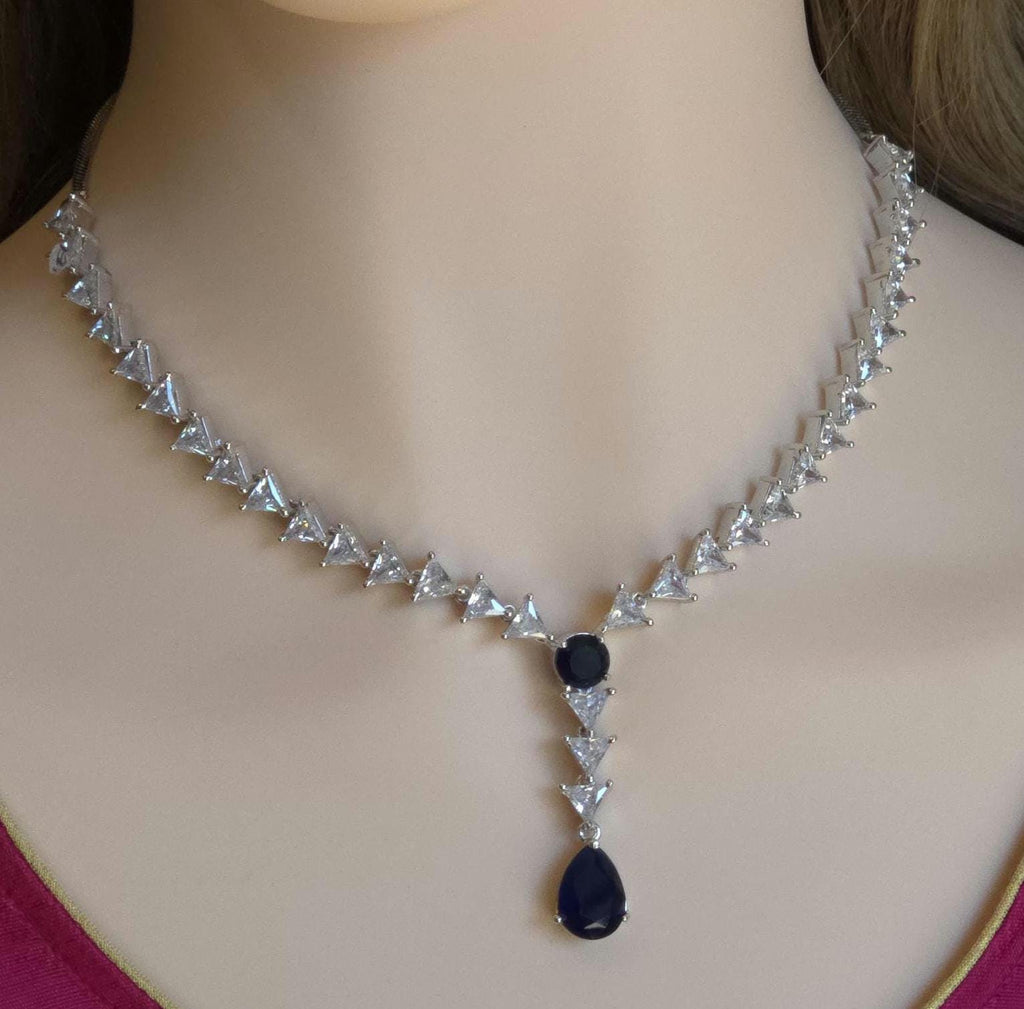 Navy Blue CZ Y-Drop Lariat Necklace Set Indian Wedding Jewelry Layla
