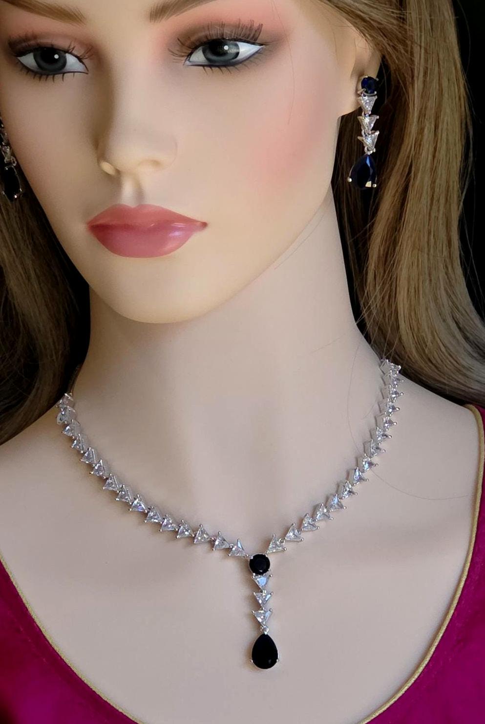 Navy Blue CZ Y-Drop Lariat Necklace Set Indian Wedding Jewelry Layla