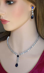 Navy Blue CZ Y-Drop Lariat Necklace Set Indian Wedding Jewelry Layla