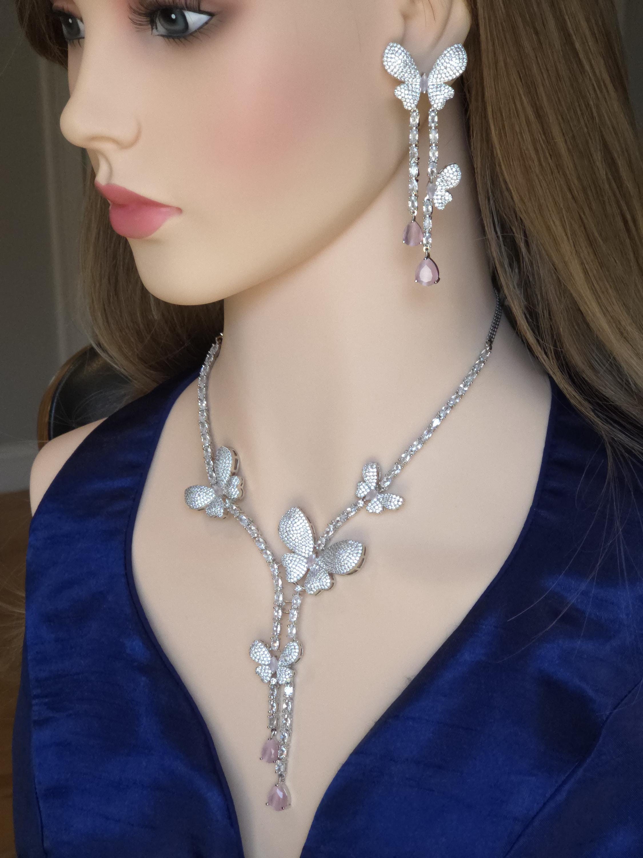 Pink Butterfly CZ Y-Necklace Set Drop Statement Jewelry Pari