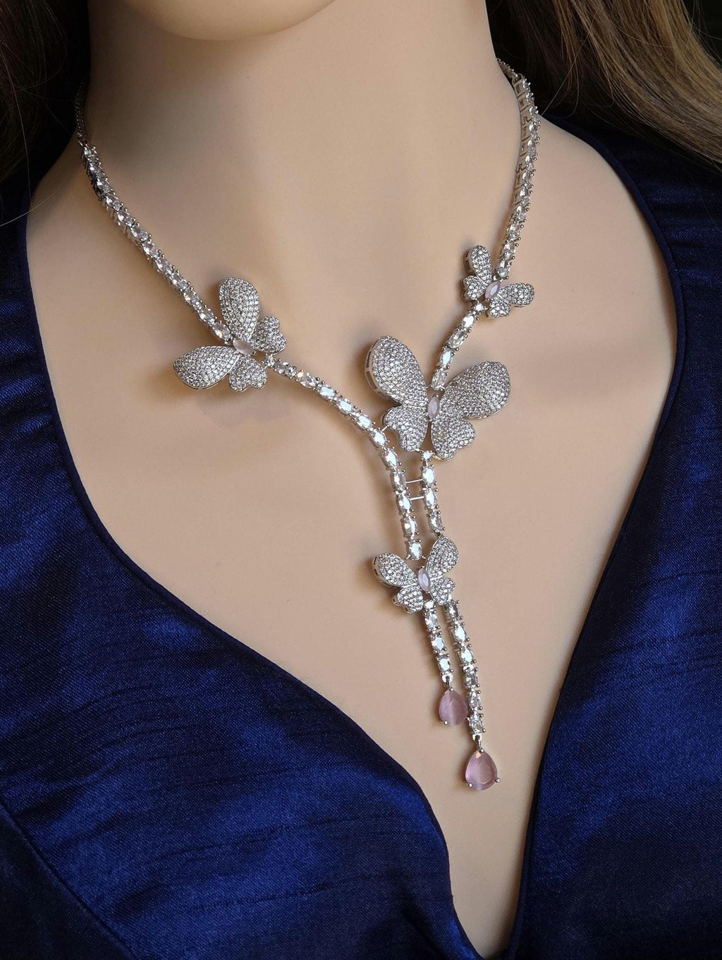 Pink Butterfly CZ Y-Necklace Set Drop Statement Jewelry Pari