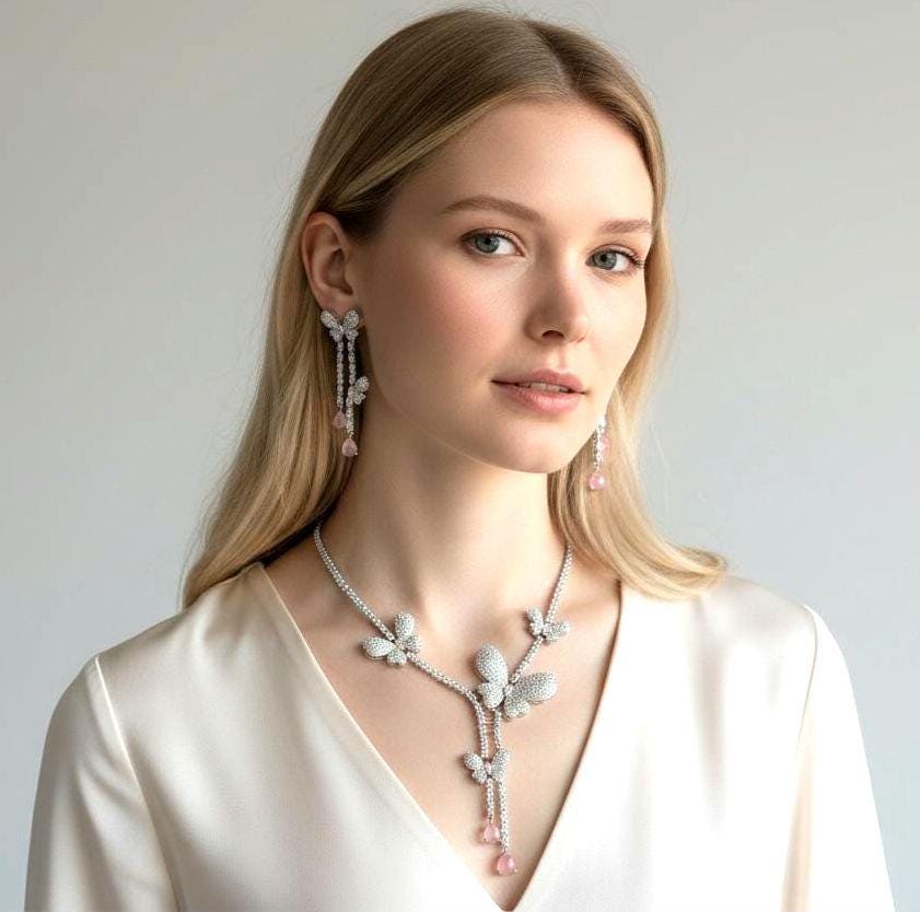 Pink Butterfly CZ Y-Necklace Set Drop Statement Jewelry Pari