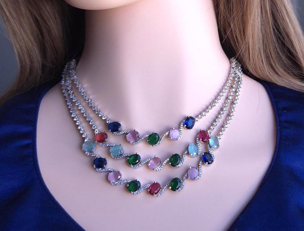 Three Layer Multicolor CZ Necklace Set Crystal Bridal Jewelry Meera