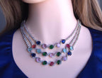 Three Layer Multicolor CZ Necklace Set Crystal Bridal Jewelry Meera
