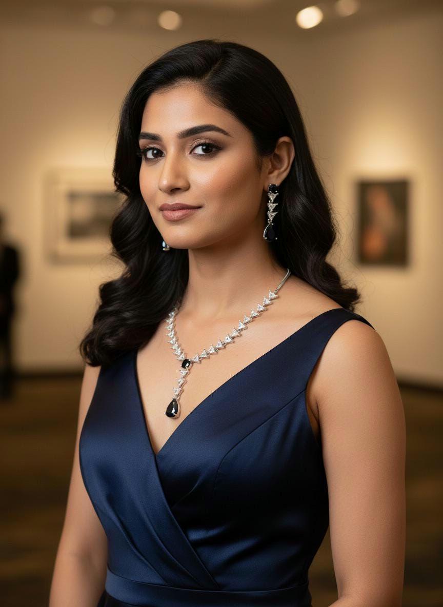 Navy Blue CZ Y-Drop Lariat Necklace Set Indian Wedding Jewelry Layla