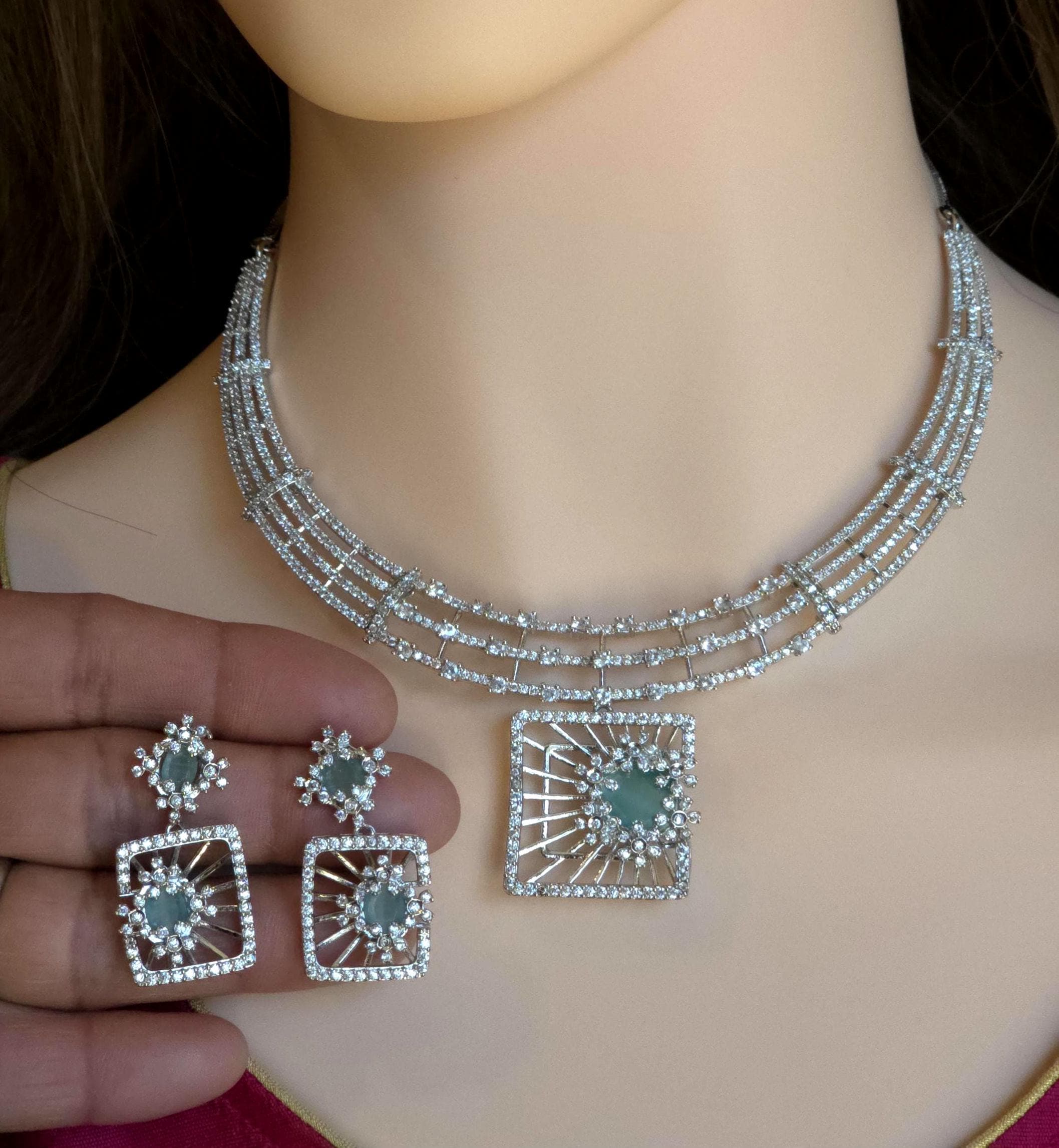 Mint Green CZ Geometric Necklace Set Modern Bridal Statement Jewelry Maya