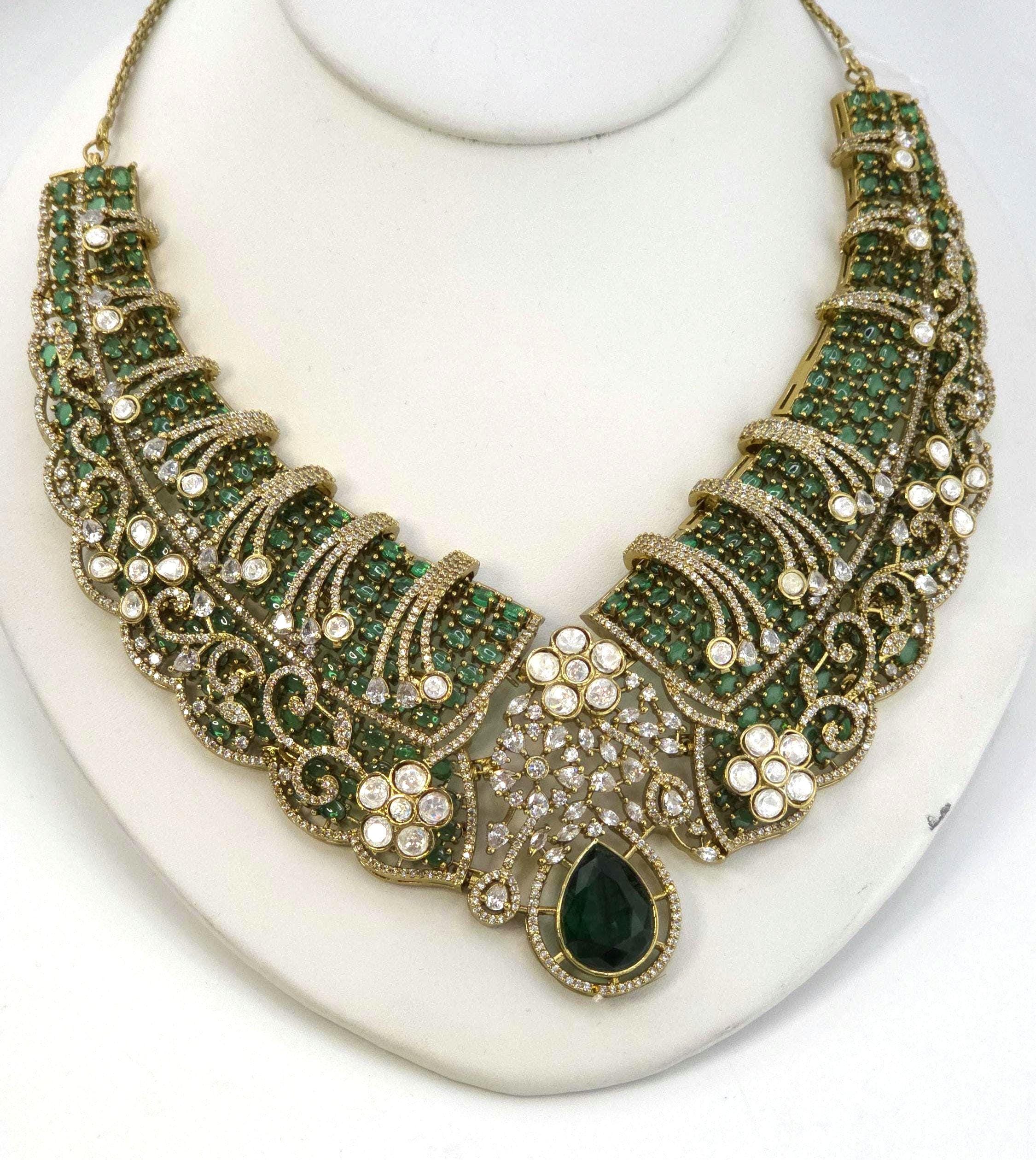 Emerald Green Kundan Bridal Choker Set, Indian Wedding Jewelry, Statement Lehenga Necklace, Pakistani Nikkah Reception Set