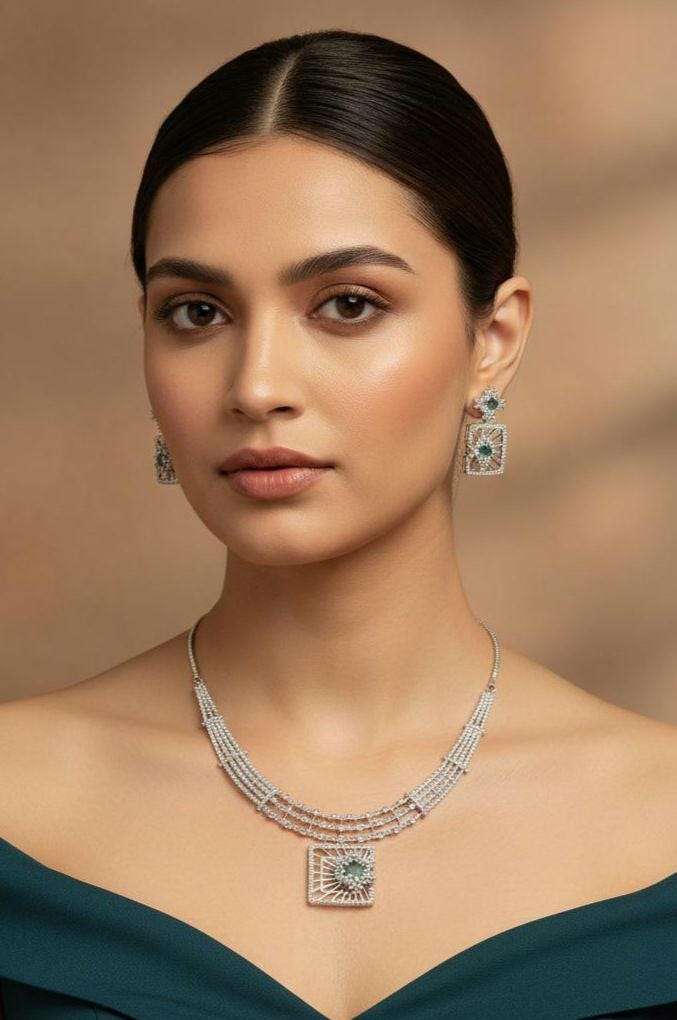 Mint Green CZ Geometric Necklace Set Modern Bridal Statement Jewelry Maya