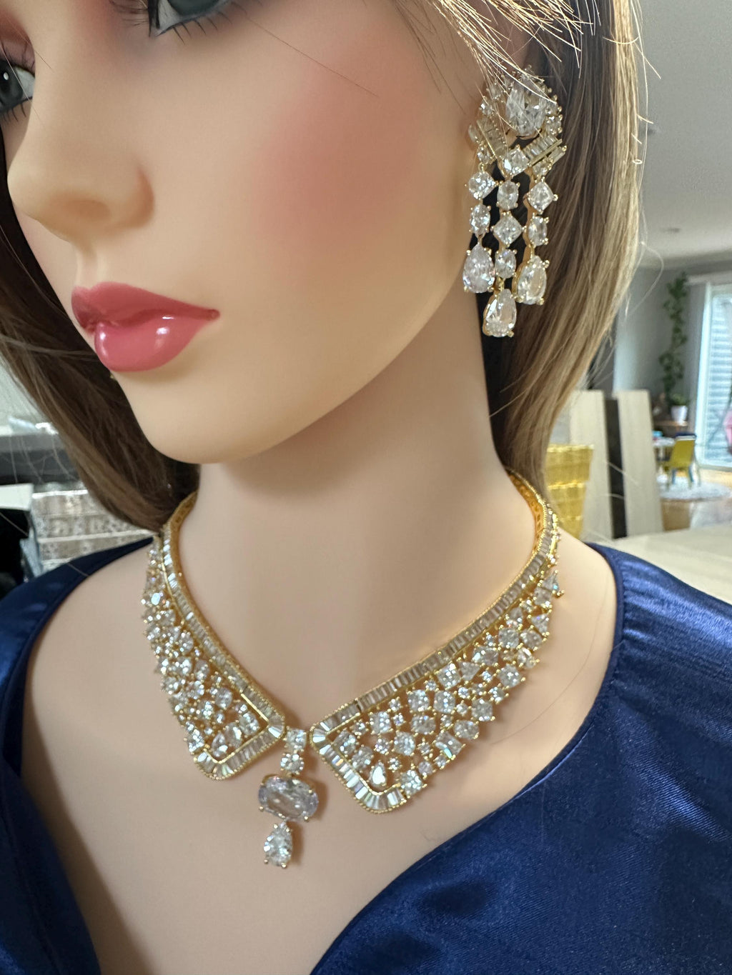 Emerald Green CZ Collar Necklace Set Bridal Evening Jewelry Rania
