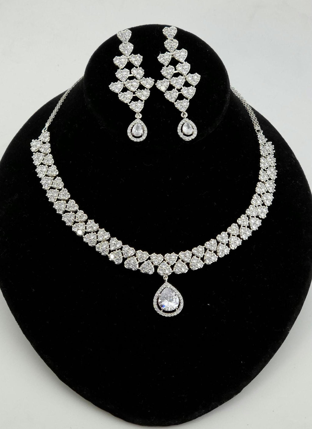 Heart CZ Bridal Necklace Set Silver Teardrop Pendant Jewelry Ishq