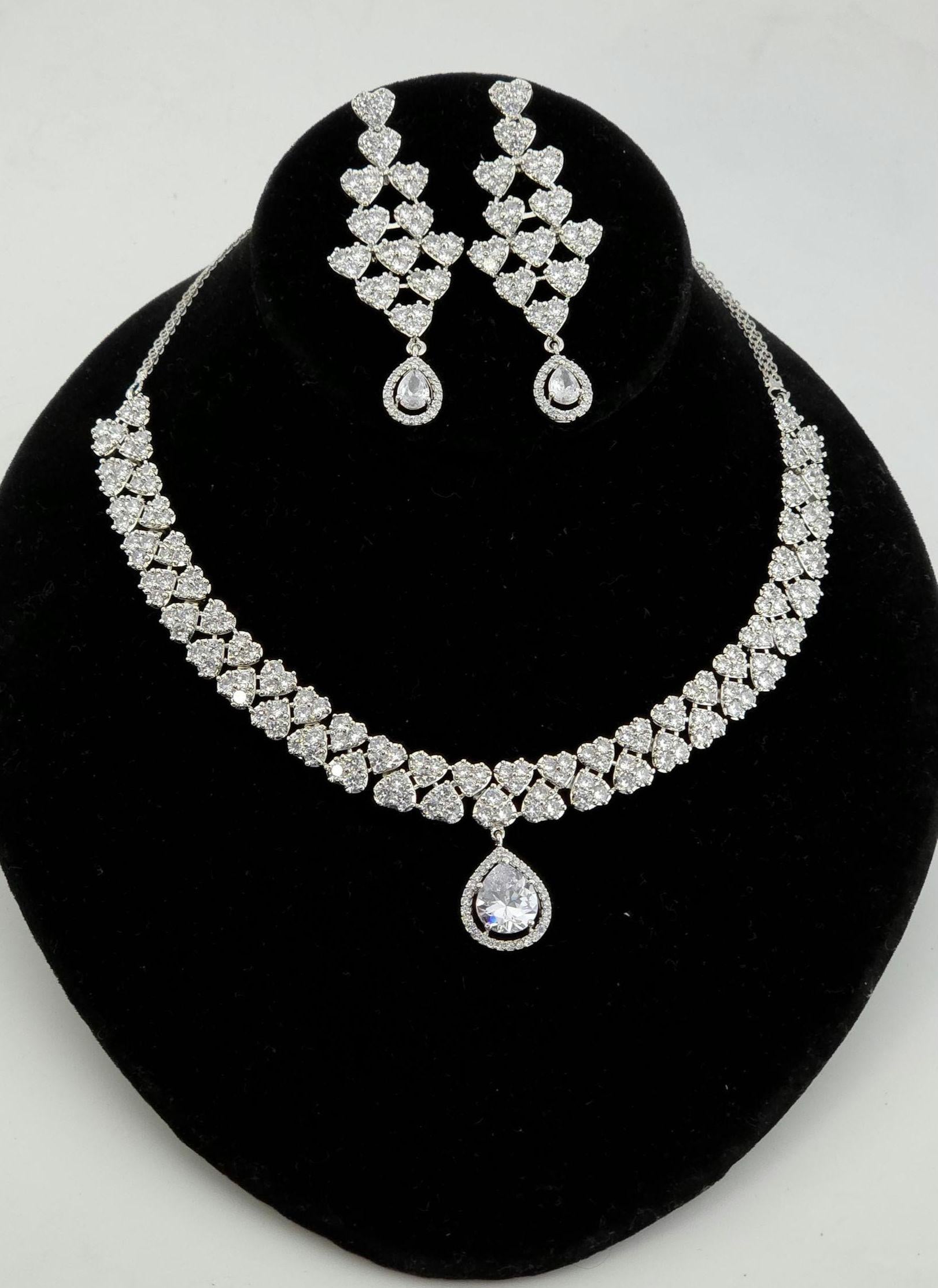 Heart CZ Bridal Necklace Set Silver Teardrop Pendant Jewelry Ishq